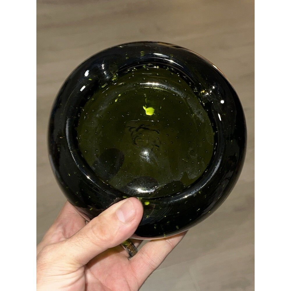 Vintage Green Ashtray Art Glass Bowl Controlled Bubble Heavy MCM